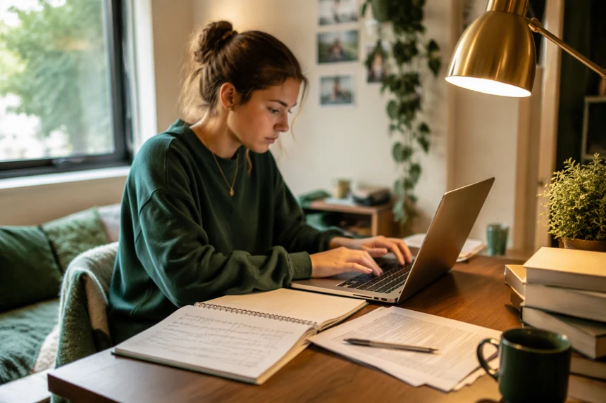 Student who asked Elite Term Papers to write my term paper, working on a laptop