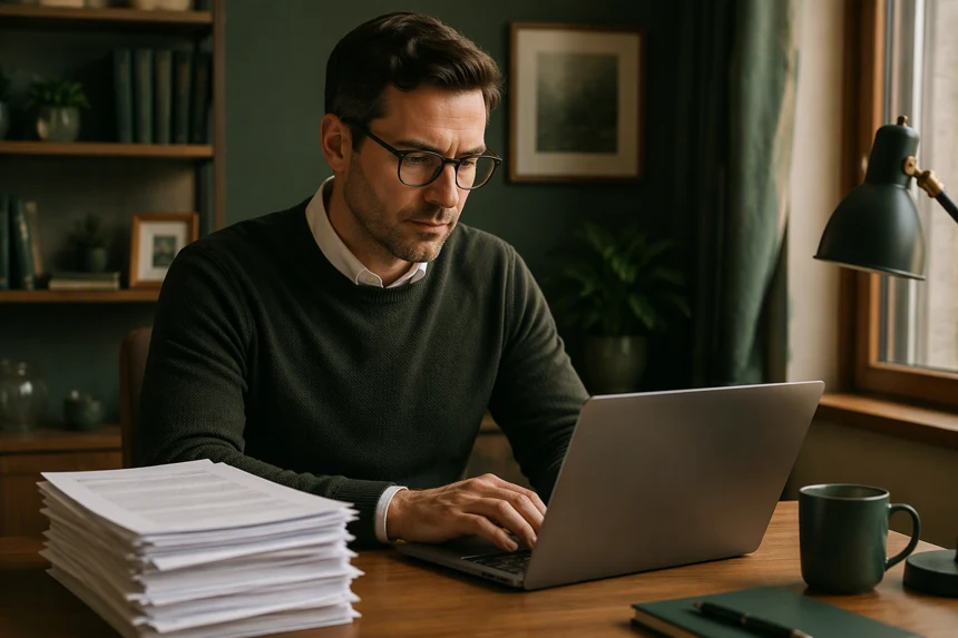 Elite academic writer working on a term paper with research sources